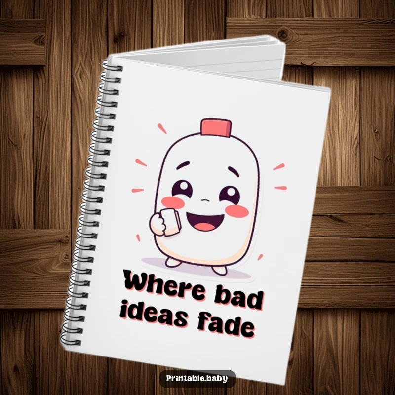 Funny notebook with a mischievous eraser character happily rubbing out a funny face, for jotting notes with playful humor.