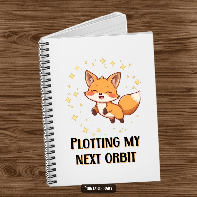 Funny Notebook with a smiling fox leaping through twinkling constellations, designed for recording inspired thoughts and doodles.