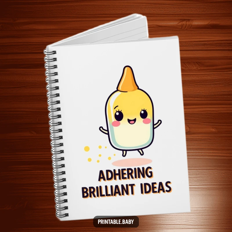 Funny glue stick sparkle notebook with a happy glue stick character leaving a trail of sparkly dots, perfect for creative notes.