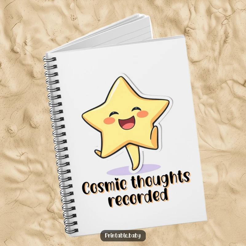 Funny notebook cover with a laughing star sticker character doing a cartwheel on textured paper.