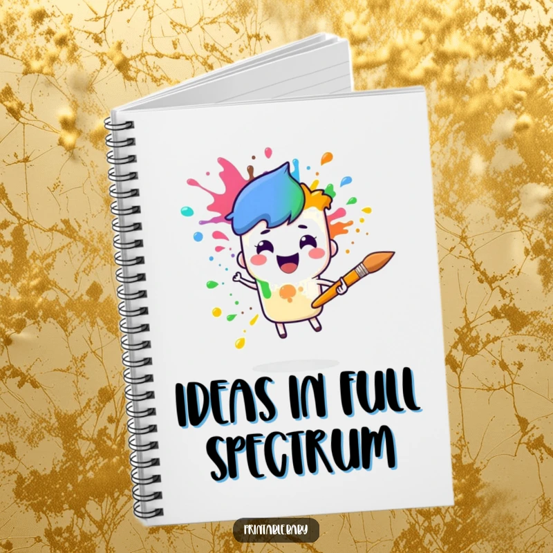 Funny paintbrush rainbow notebook with a cheerful paintbrush character splattering rainbow colors, perfect for creative notes.