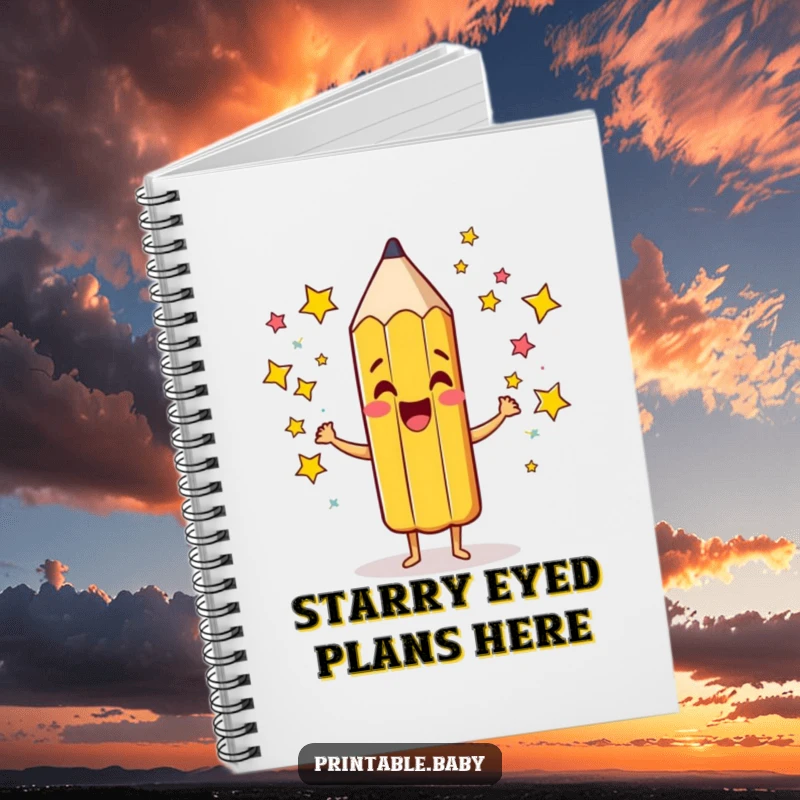 Funny Pencil Notebook: Creative notebook with a giddy pencil character scribbling colorful stars, perfect for journaling and sketching.