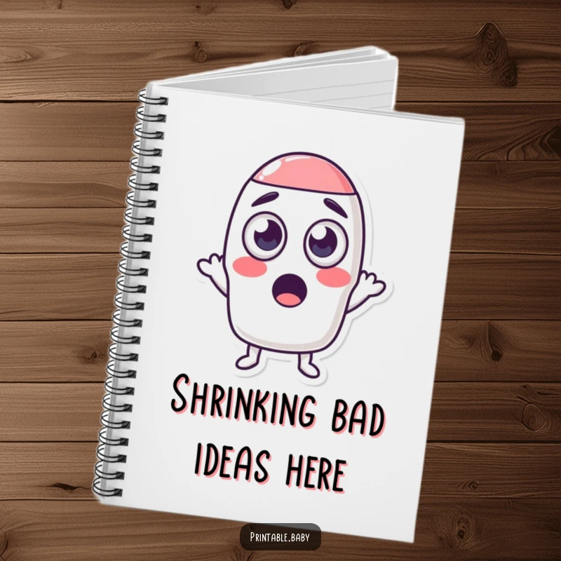 Funny notebook with a cover displaying a wide-eyed, surprised eraser character shrinking a shape, perfect for notes and sketches.