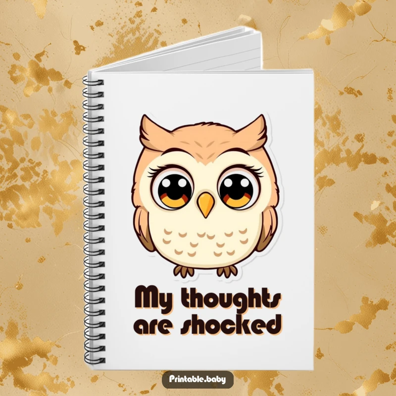 Funny owl with comically large, wide eyes, looking startled, a humorous notebook for jotting down surprising thoughts.
