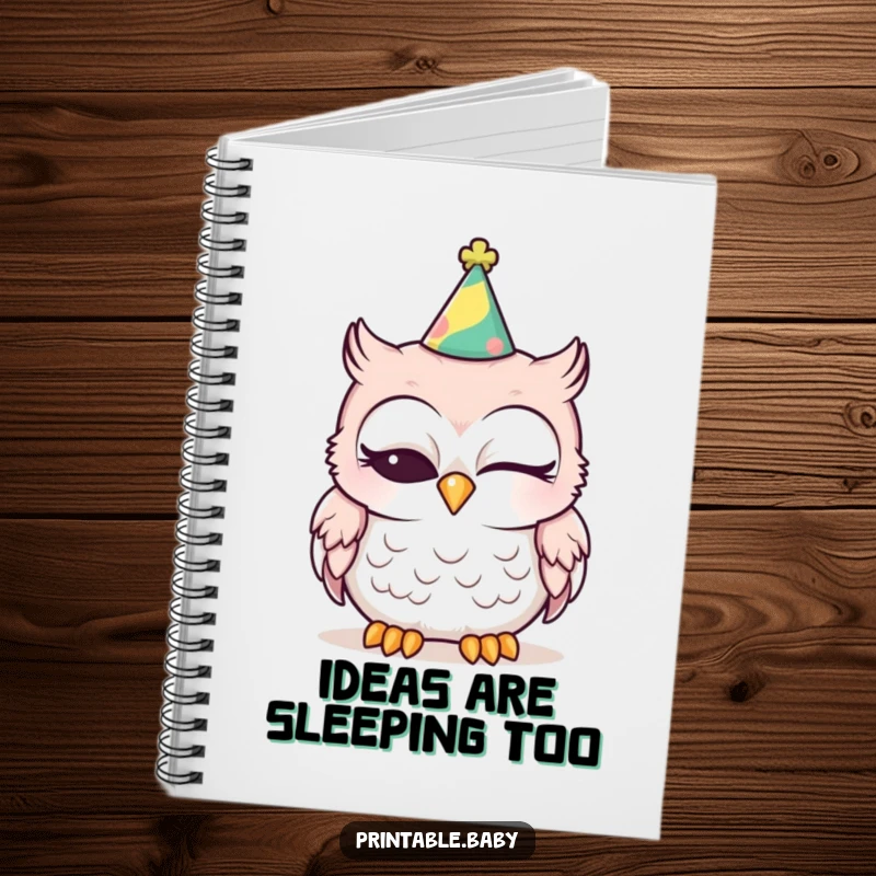 Funny sleepy baby owl with a party hat, one eye closed, on a notebook cover, ideal for writing humor.