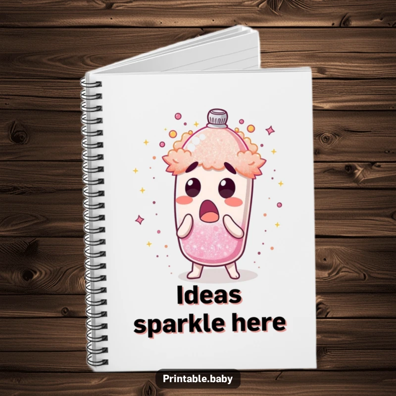 Funny notebook with a surprised glitter shaker character erupting shimmering dust, for jotting down notes with a humorous flair.