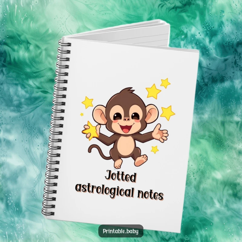 Funny notebook with a mischievous monkey juggling bright, glowing stars, a humorous and inspiring journal for cosmic thoughts.