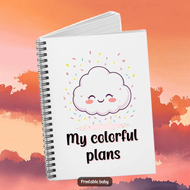 Funny giggling cloud character notebook, raining colorful confetti onto a blank page, ideal for journaling and jotting down creative ideas.
