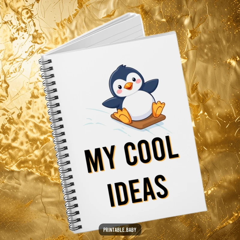 Funny notebook with a happy penguin sliding down a starry, icy slope, ideal for jotting down ideas with a touch of arctic fun.