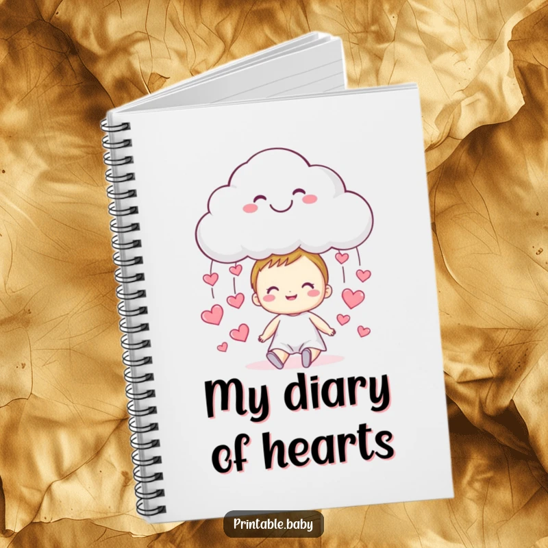 Funny cloud notebook, a smiling cloud raining small hearts onto a happy child, for journaling.