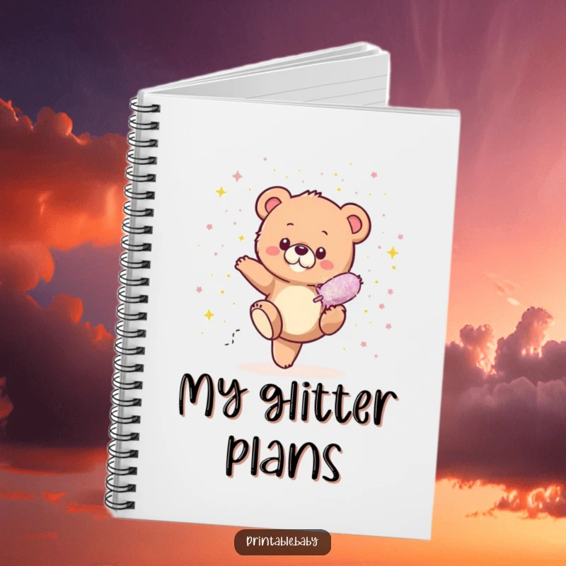 Funny Bear Cub Glitter Notebook featuring a tiny bear cub showering in sparkles from a glitter bomb, ideal for jotting down ideas with humor.