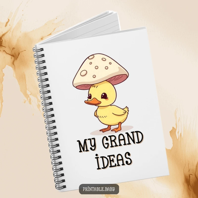 Funny duckling notebook, comically balancing a large mushroom on its head, ideal for notes and whimsical thoughts.