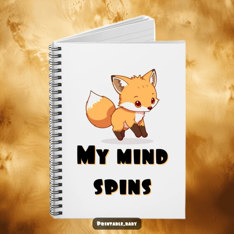 Funny fox cub notebook, playful animal chasing its tail, perfect for notes and creative writing.