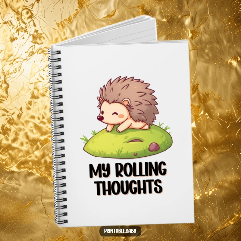 Funny notebook cover art showcasing a joyful hedgehog rolling down a grassy hill, perfect for jotting down funny thoughts.