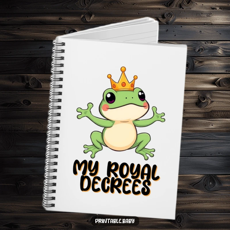 Funny leaping frog wearing a tiny crown, mid-jump, a humorous notebook for jotting down royal ideas.