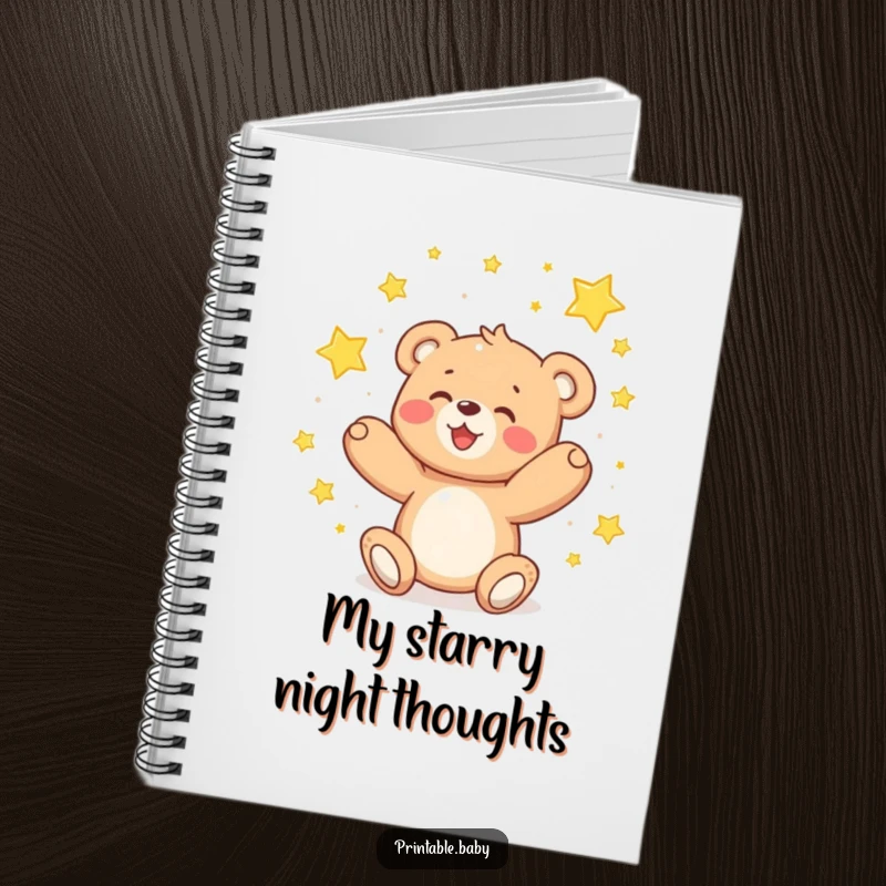 Funny teddy bear notebook, delighted bear catching falling sparkling stars, ready for notes.