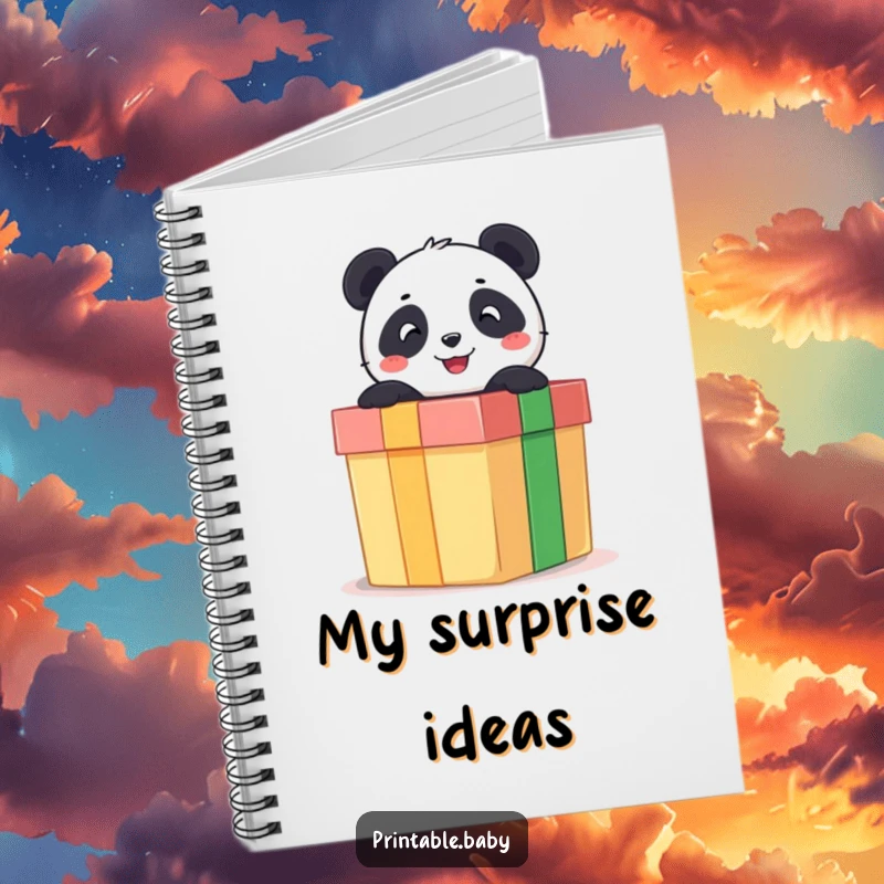 Funny notebook cover featuring a cheerful panda bear popping out of a giant gift box, ideal for journaling and note-taking.