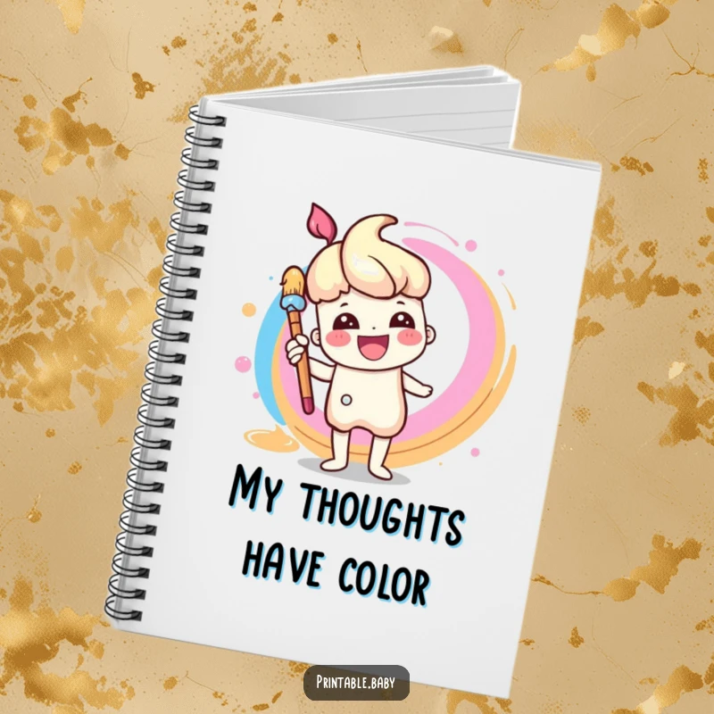 Funny Paintbrush Notebook: A notebook featuring a cheerful paintbrush character painting a rainbow swirl on the cover, ideal for artists.