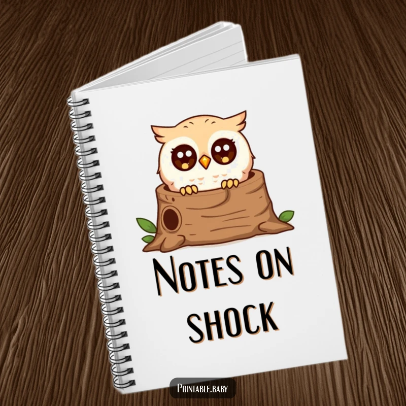 Funny surprised owl notebook, tiny bird peeking from a log, perfect for notes and creative writing.