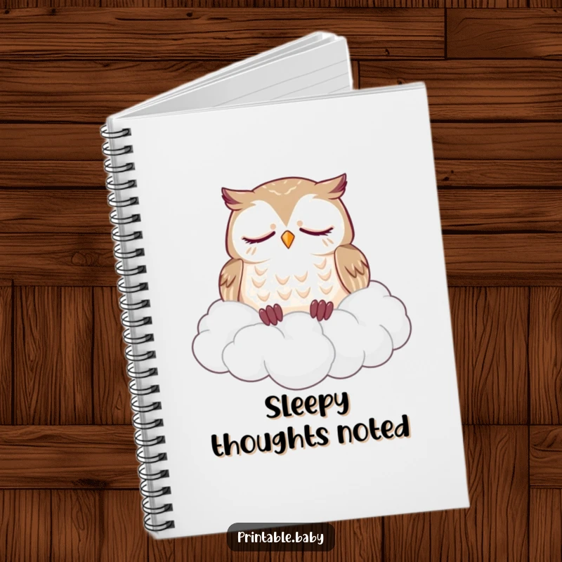 Funny notebook with a sleepy owl dozing soundly on a fluffy pile of clouds, a humorous and inspiring journal for peaceful thoughts.