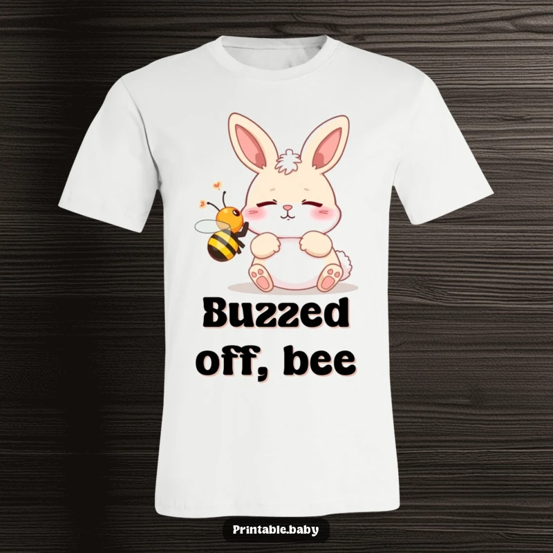 Funny t-shirt depicting a wide-eyed, startled bunny mid-leap, escaping a buzzing bee, perfect for casual wear.