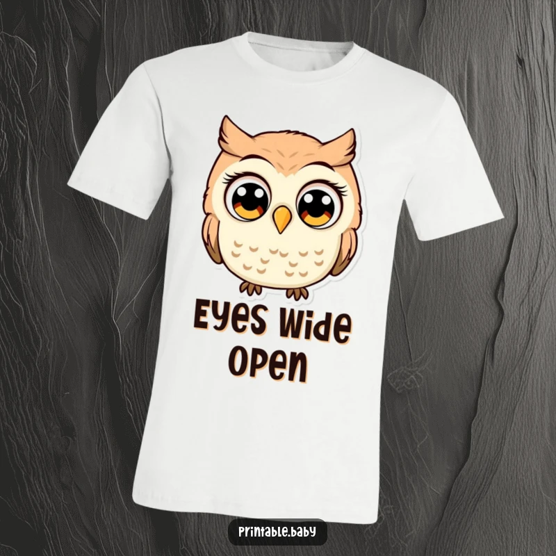 Funny owl with comically large, wide eyes, looking startled, a humorous t-shirt for an expressive personality.