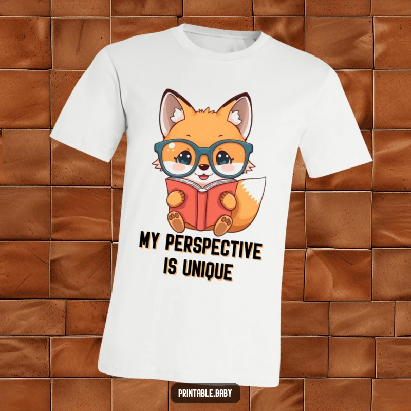 Funny baby fox with big glasses reading a book upside down on a t-shirt, perfect for intellectual humor.