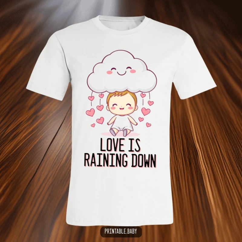 Funny cloud t-shirt, a smiling cloud raining tiny hearts onto a happy child, full of warmth.