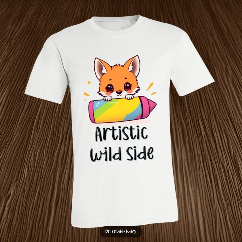 Funny T-shirt with a surprised fox cub peeking inquisitively over a large, vibrant crayon, embodying creative curiosity.