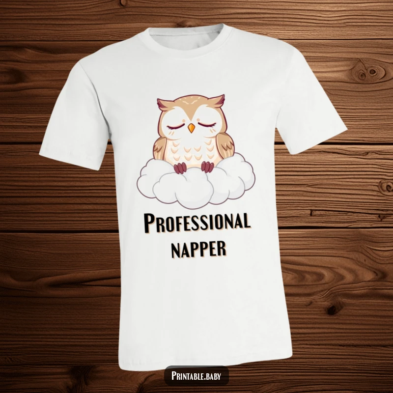 Funny t-shirt with a sleepy owl dozing soundly on a fluffy pile of clouds, a humorous and comforting design.