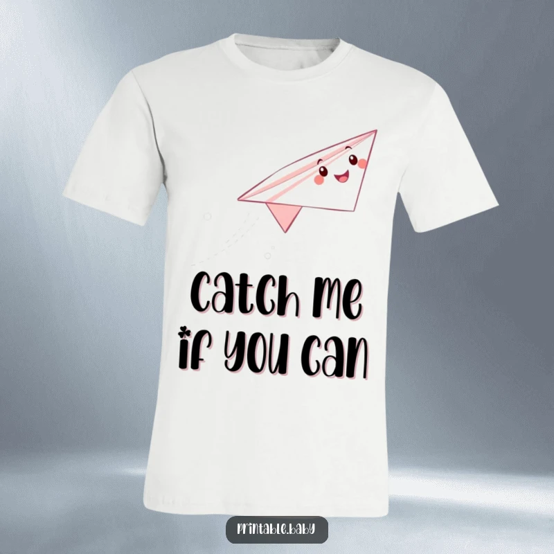 Funny paper airplane t-shirt showcasing a happy character mid-flight, leaving a whimsical trail, ideal for casual and fun wear.