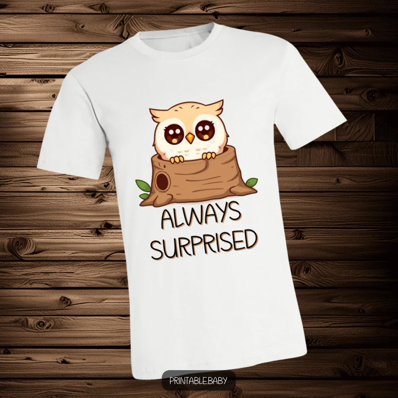 Funny surprised owl t-shirt, tiny bird peeking from a log, cute and humorous design for nature lovers.