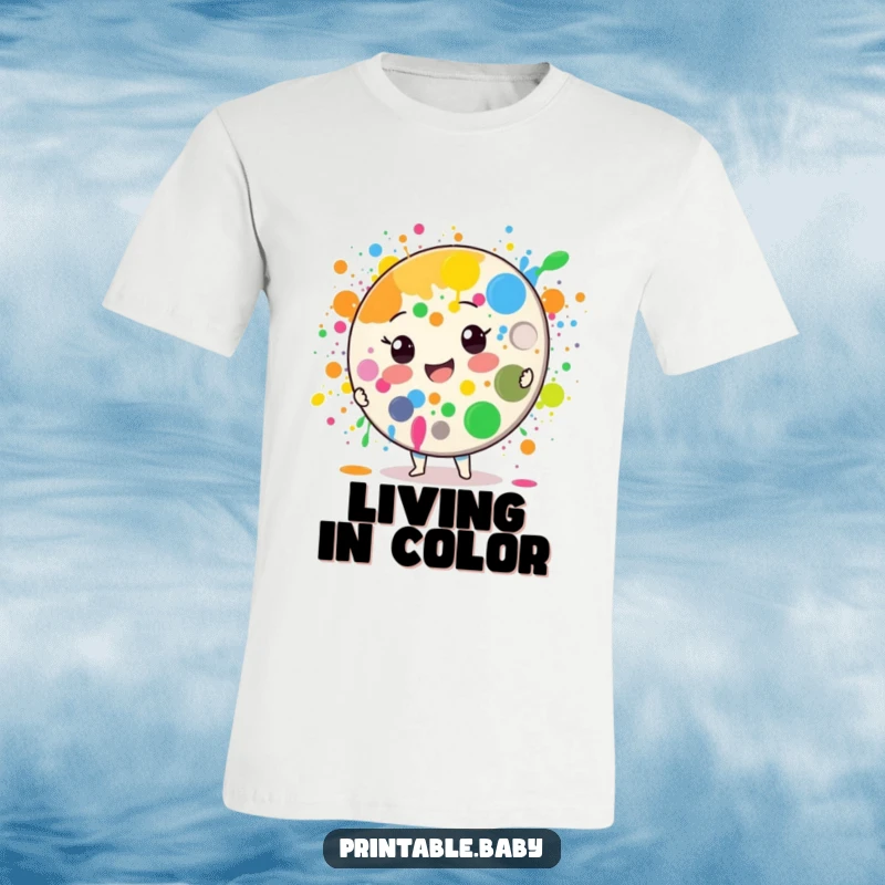 Funny Paint Palette T-Shirt: A smiling paint palette character exuberantly splatters colorful paint, embodying pure artistic joy.