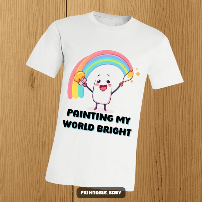 Funny t-shirt showcasing a cheerful paintbrush character in the act of painting a bright rainbow arc, celebrating artistic expression.