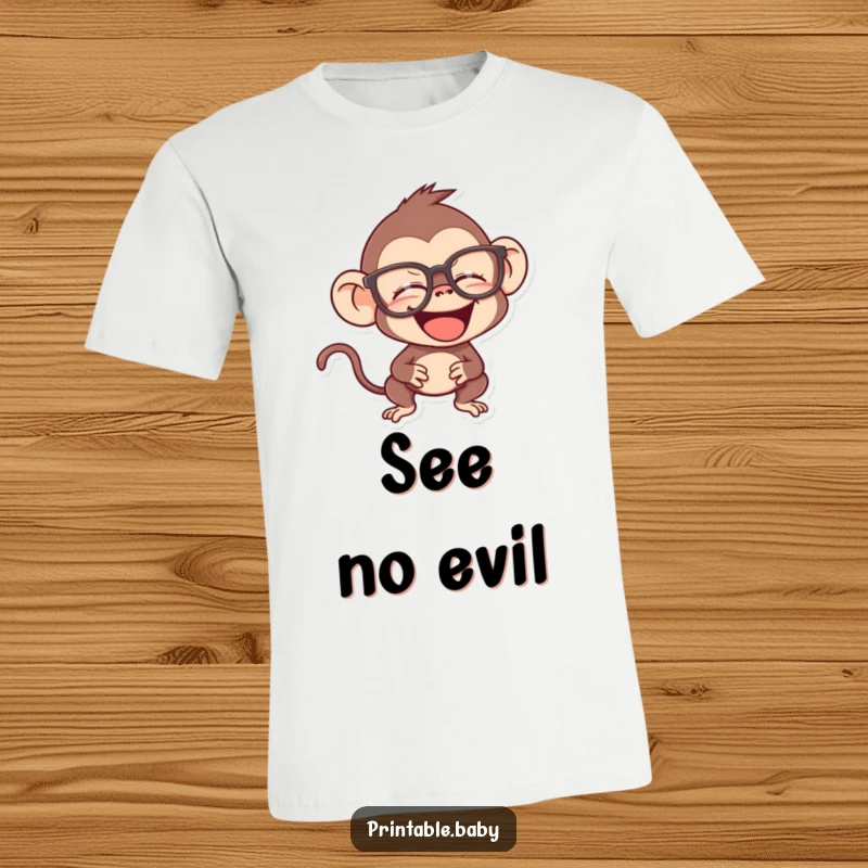 Funny monkey t-shirt, mischievous primate giggling behind oversized spectacles, a smart and funny design.