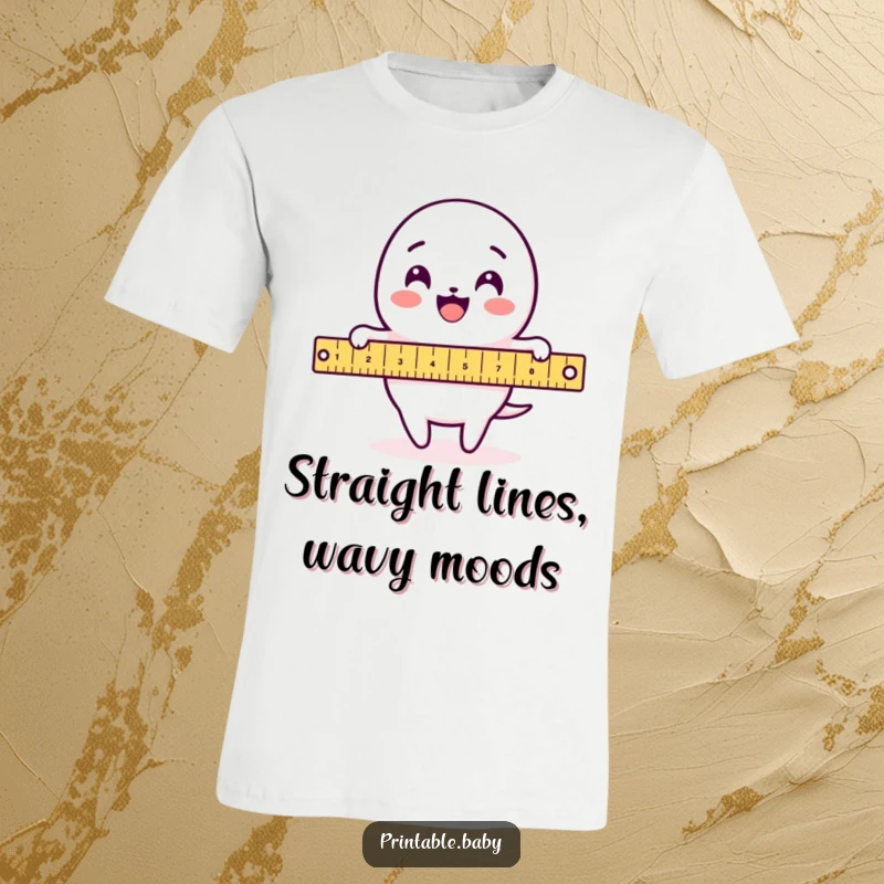 Funny Ruler T-Shirt: A delighted ruler character merrily measuring a loop-de-loop pattern, perfect for math lovers and the organized.