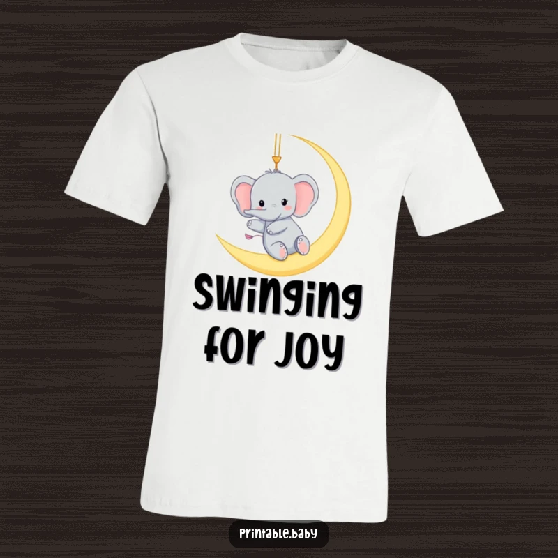 Funny t-shirt with a tiny elephant gleefully swinging from a crescent moon, a whimsical and humorous celestial adventure.