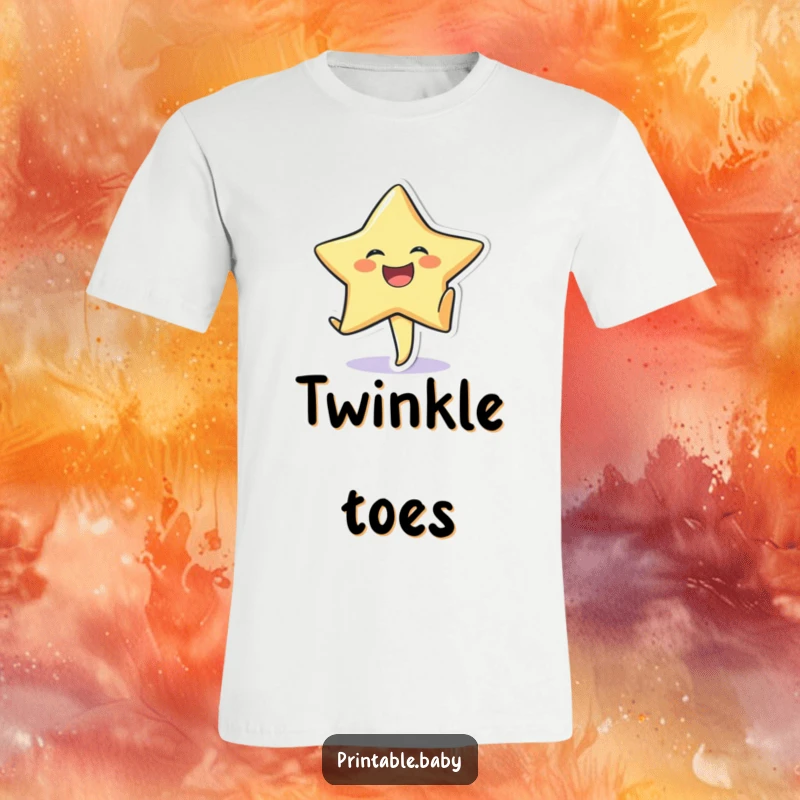 Funny t-shirt with a happy, laughing star sticker character performing a cartwheel on textured paper background.