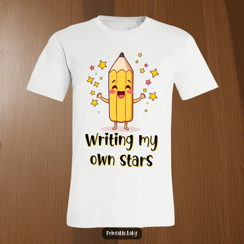 Funny Pencil T-Shirt: A giddy pencil character excitedly scribbling colorful stars, perfect for artists and dreamers.