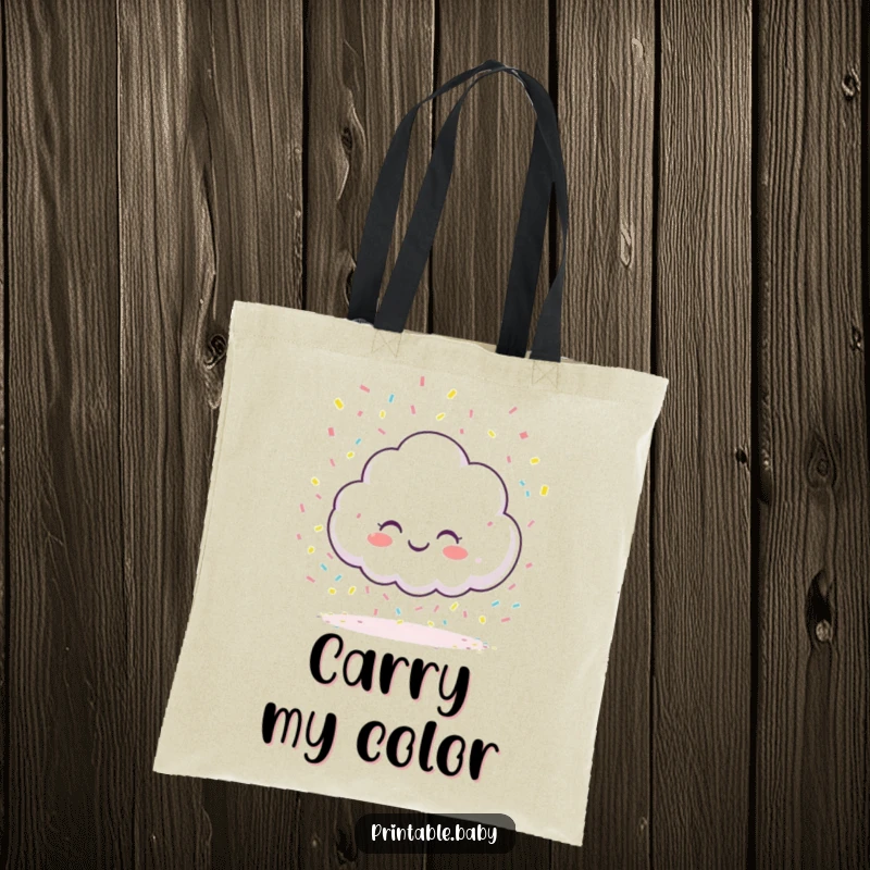 Funny giggling cloud character tote bag, raining colorful confetti onto a blank page, ideal for carrying creative supplies with a cheerful vibe.