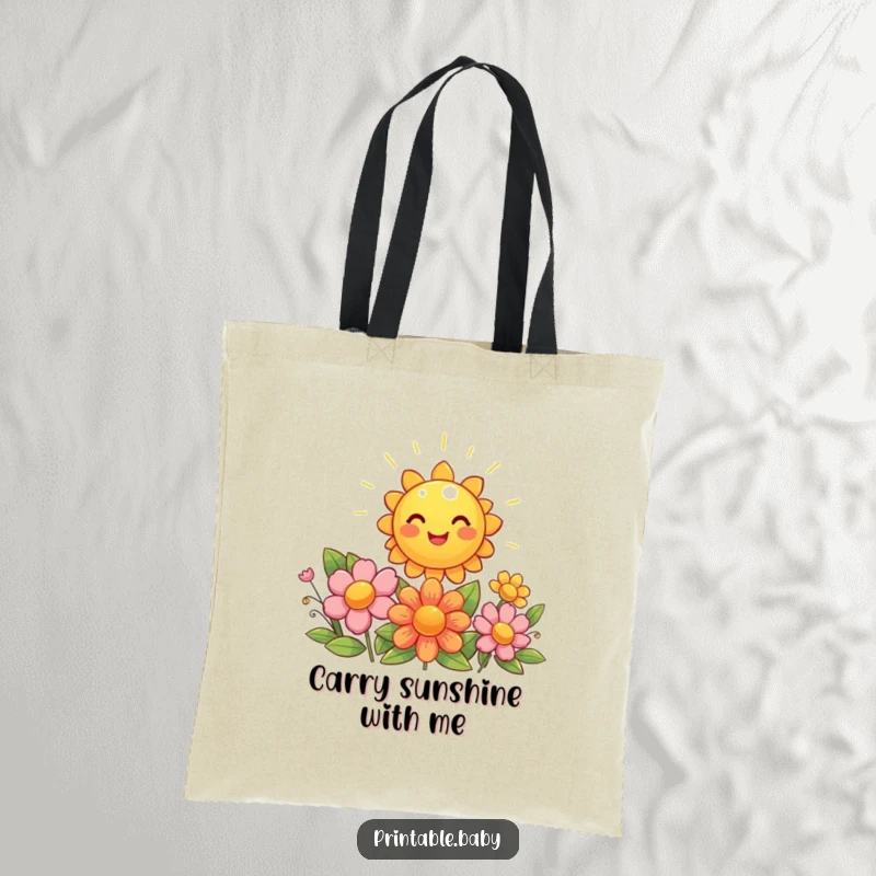 Funny sun tote bag, a giggling sun shining brightly onto beaming flowers, cheerful accessory.