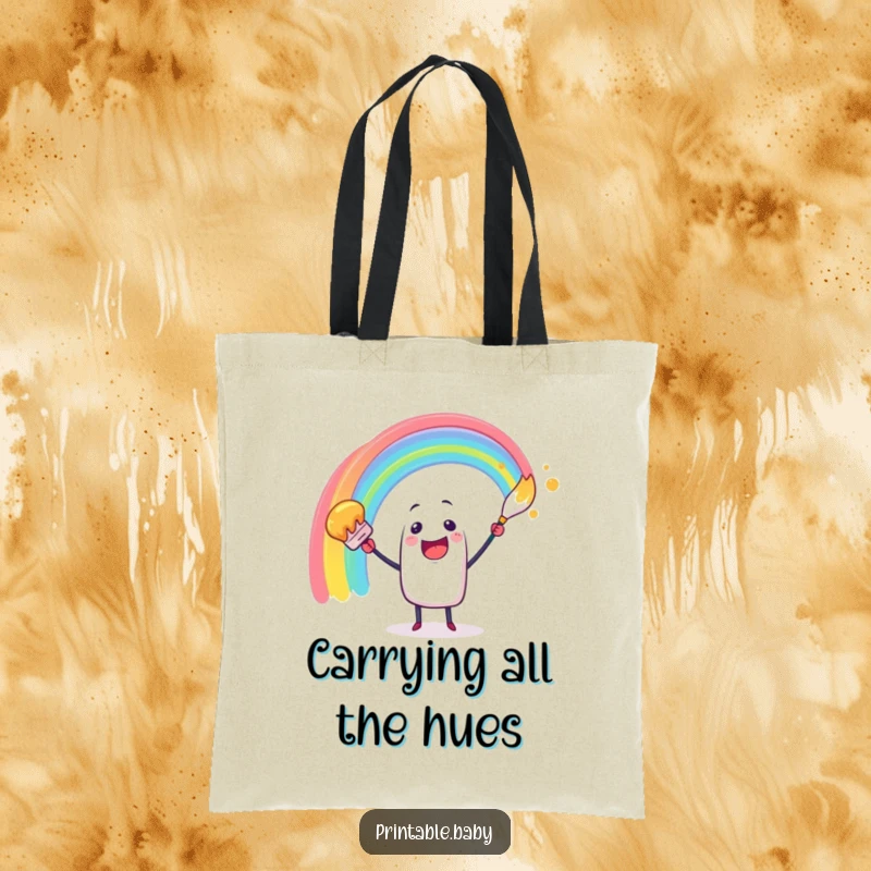 Funny tote bag with a cheerful paintbrush character creating a vibrant rainbow arc, perfect for art supplies or daily use.