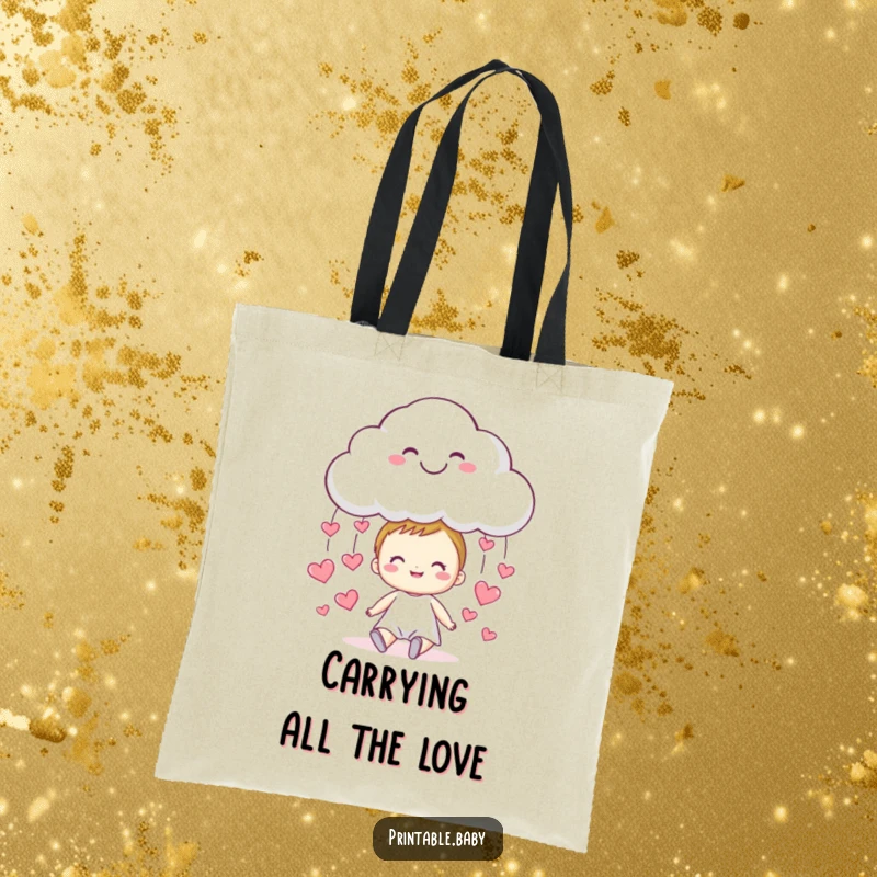 Funny cloud tote bag, a smiling cloud raining tiny hearts onto a happy child, charming design.