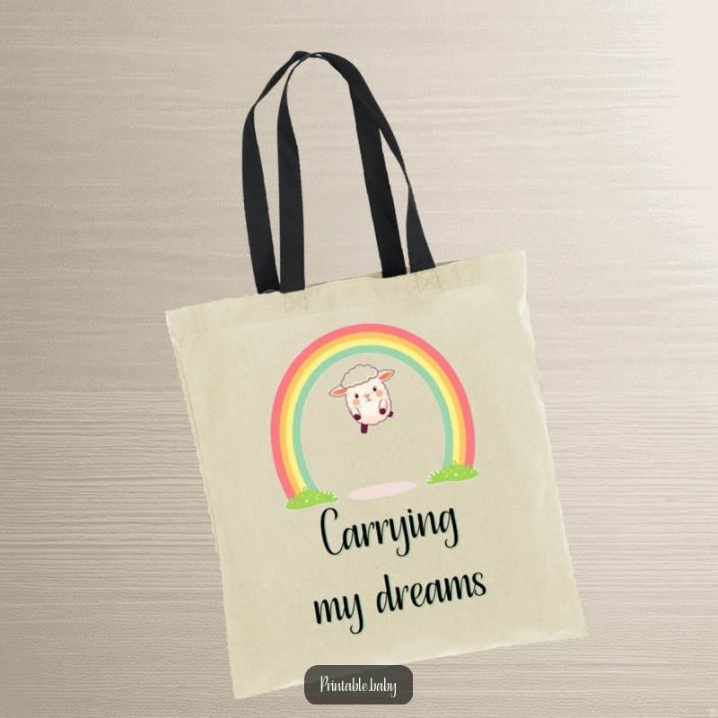 Funny tote bag showcasing a happy sheep leaping over a colorful rainbow arch, ideal for carrying daily essentials with flair.