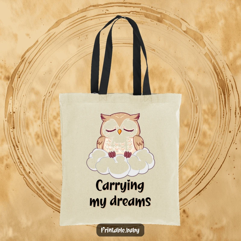 Funny tote bag featuring a sleepy owl dozing soundly on a fluffy pile of clouds, a humorous and practical accessory.