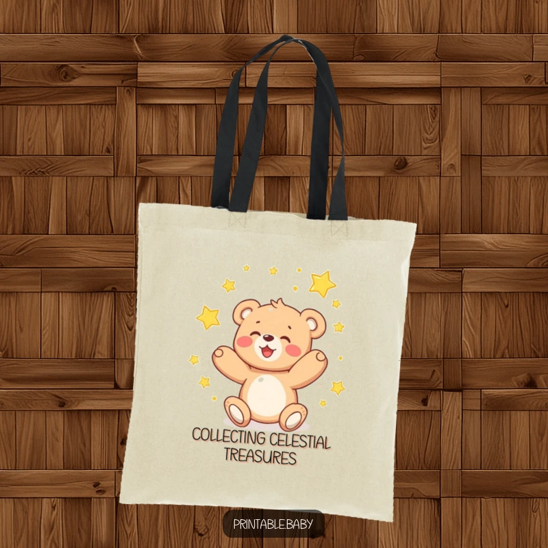 Funny teddy bear tote bag, a delighted bear catching falling sparkling stars, charming accessory.