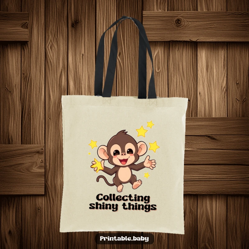 Funny tote bag featuring a mischievous monkey juggling bright, glowing stars, a humorous and practical accessory for celestial fans.