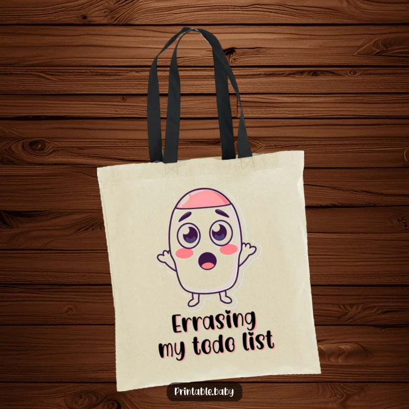 Funny tote bag with a wide-eyed, surprised eraser character shrinking a shape, ideal for carrying books or groceries with humor.