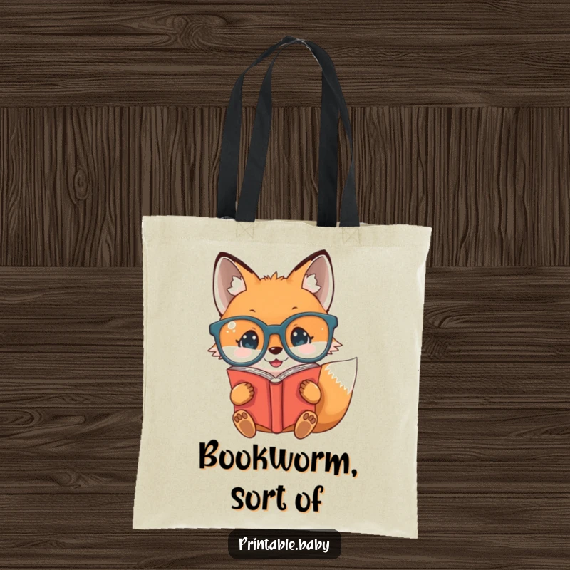 Funny illustration of a baby fox with glasses reading a book upside down on a tote bag, for book lovers.