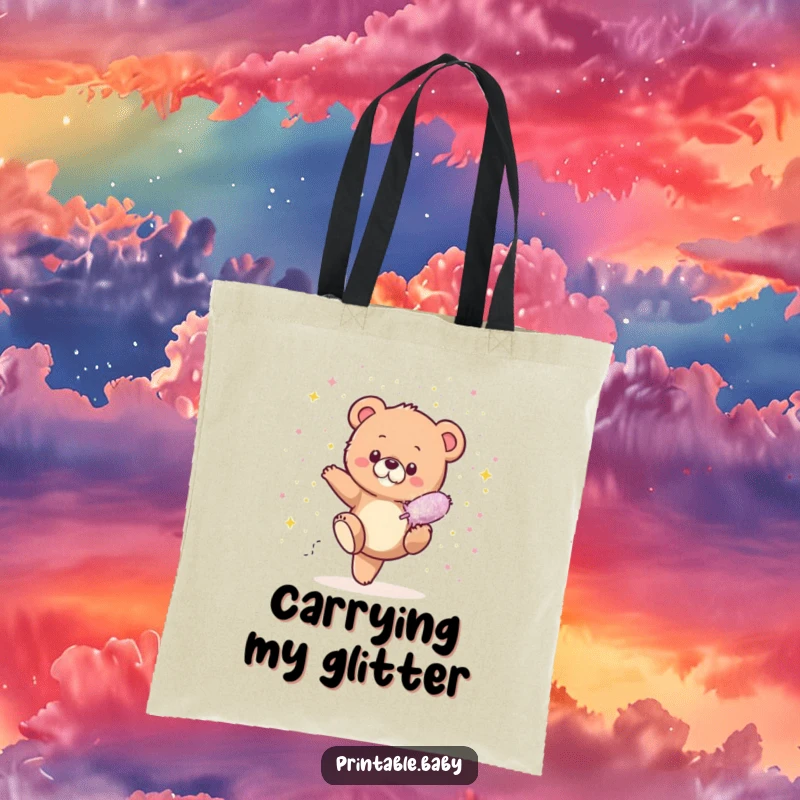 Funny Bear Cub Glitter Tote Bag showcasing a tiny bear cub kicking a giant glitter bomb, covered in a delightful explosion of colorful sparkles.